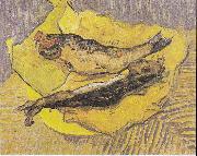 Still Life with smoked herrings on yellow paper